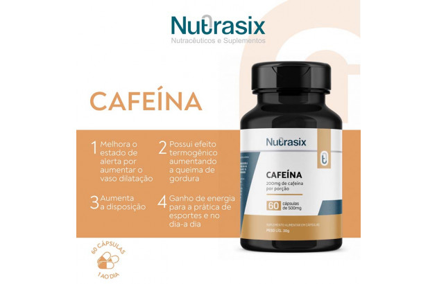 Cafeína 200mg com 60 cápsulas - Nutrasix